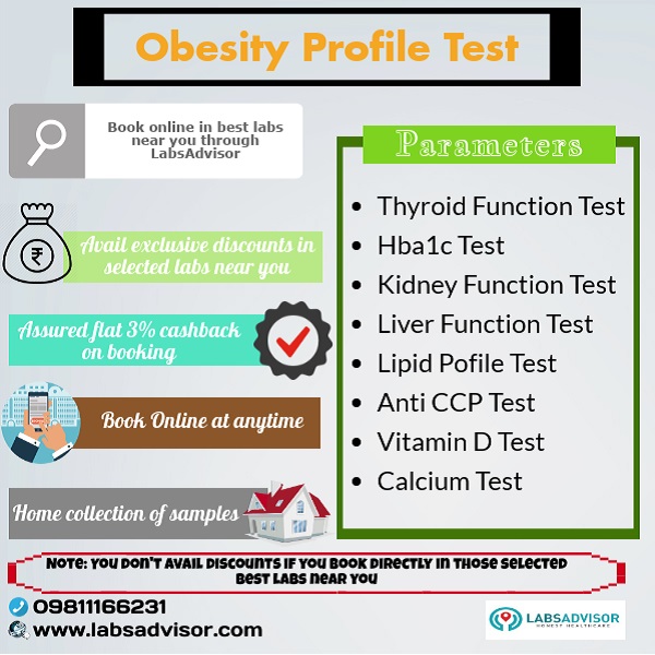Lowest Obesity Profile Test Cost in Delhi, Gurgaon, Bangalore, Mumbai, Chennai, Hyderabad, etc through LabsAdvisor.