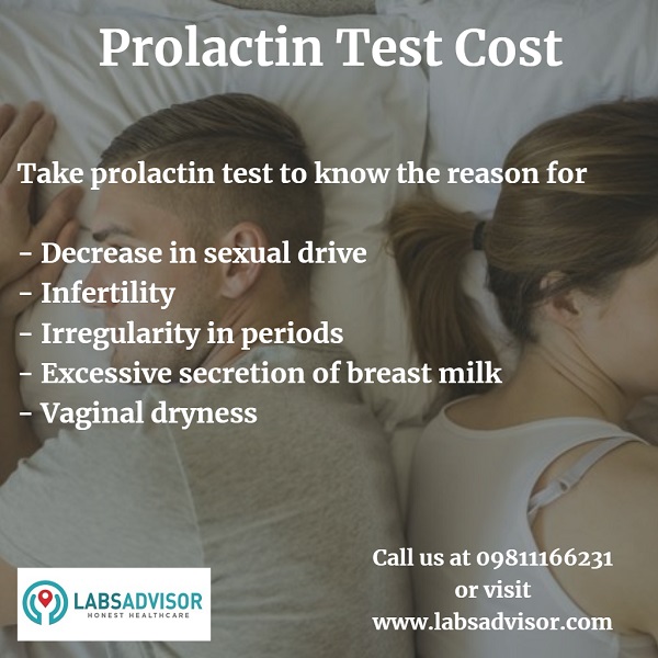 Infertility, irregular menstrual cycle, abnormal vaginal discharge and decrease in the sex drive are the symptoms of abnormal prolactin level. Avail discounts on prolactin test cost with LabsAdvisor.