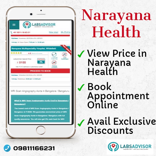 View the price of MRI scan, CT scan, X ray, ultrasound and other pathology tests in Narayana Hrudayalaya. Also book appointment with exclusive discounts only on LabsAdvisor.com.