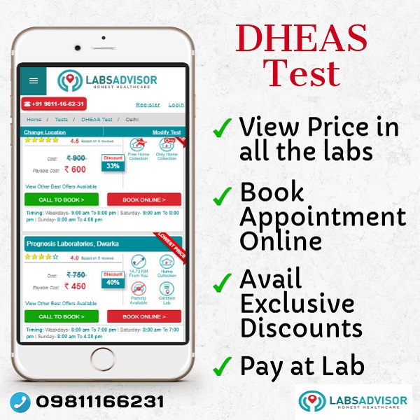 Lowest DHEAS Test Cost offered by labs in Delhi, Gurgaon, Bangalore, Mumbai, Hyderabad, Chennai, etc.